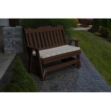 Get ready for the glide of your life. The A & L Furniture Recycled Plastic 5 ft. Royal English Outdoor Glider Loveseat provides you with a picturesque place to perch while gliding ever so smoothly back and forth. This lovely loveseat will add interest to your porch or garden with its decoratively scalloped top and traditional vertical back slats.