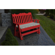 Get ready for the glide of your life. The A & L Furniture Recycled Plastic 5 ft. Royal English Outdoor Glider Loveseat provides you with a picturesque place to perch while gliding ever so smoothly back and forth. This lovely loveseat will add interest to your porch or garden with its decoratively scalloped top and traditional vertical back slats.