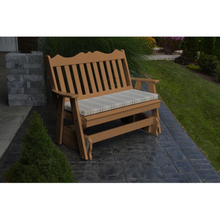 Get ready for the glide of your life. The A & L Furniture Recycled Plastic 5 ft. Royal English Outdoor Glider Loveseat provides you with a picturesque place to perch while gliding ever so smoothly back and forth. This lovely loveseat will add interest to your porch or garden with its decoratively scalloped top and traditional vertical back slats.