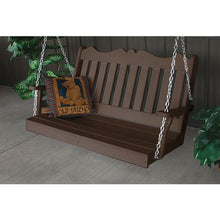 This Elegant Traditional Royal English 5' Porch Swing has details that make it an exceptional swing for your home. The unique top rail that is made with a scalloped design makes it perfect for your porch. This durable swing comes with stainless steel chains that will not rust and you can adjust them to whatever height you would like.
