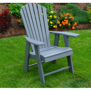 The A & L Furniture Recycled Plastic Upright Adirondack Chair is different from your standard Adirondack chair.  This Adirondack sits higher with a straight seat, unlike most Adirondack chairs that have an angled seat.  This Chair does not lean as far back as the standard Adirondack chairs, making it easier to get in and out of.  This handsome chair will be a great addition to your outdoor needs.