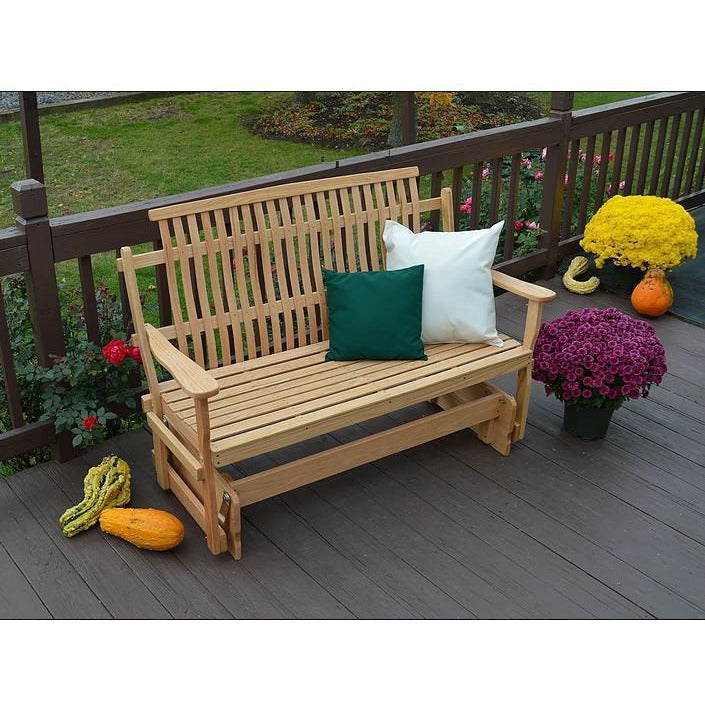 A & L Furniture Co. 4' Bent Oak Glider The perfect glider for your covered porch, patio or outdoor room Made with steamed and bent solid red oak wood Handcrafted in the USA Some assembly required Cushions and Pillows Sold Separately