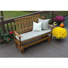 The perfect glider for your covered porch, patio or outdoor room Made with steamed and bent solid red oak wood Handcrafted in the USA Some assembly required Cushions and Pillows Sold Separately