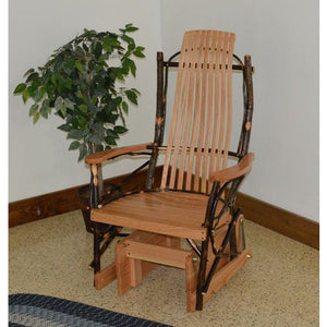 Overall Dimensions: 27W x 26D x 47H in. Inside Seat Dimensions: 20W x 19D x 17H in.  Back Dimensions: 30H in. Weight: 45 lbs Glider Rocker Weight: Capacity 300 lbs. Smooth Gliding Motion This single glider adds some rustic charm to your home Made with real hickory sticks and rustic hickory slats and arms Hickory sticks are steamed and hand bent to give each piece its own unique look & character