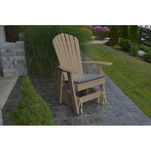 SHOWN CUSHIONS SOLD SEPARATELY  Made from recycled plastic materials Adirondack themed backrest is a time tested design. Single-seat glider features smooth gliding motion. Amish craftsmen pay great attention to each detail HDPE Poly is low maintenance Sturdy outdoor furniture durable for all seasons Stainless steel hardware