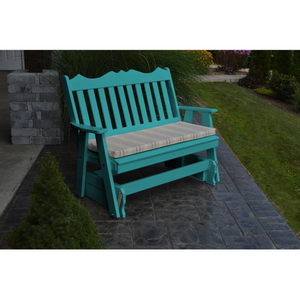 The A & L Furniture Recycled Plastic 4 ft. Royal English Outdoor Glider Loveseat provides you with a picturesque place to perch while gliding ever so smoothly back and forth. This lovely loveseat will add interest to your porch or garden with its decoratively scalloped top and traditional vertical back slats. Choose from an array of colors that will accent your space perfectly. 