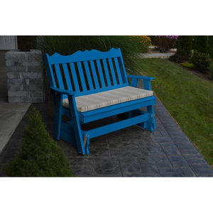 The A & L Furniture Recycled Plastic 4 ft. Royal English Outdoor Glider Loveseat provides you with a picturesque place to perch while gliding ever so smoothly back and forth. This lovely loveseat will add interest to your porch or garden with its decoratively scalloped top and traditional vertical back slats. Choose from an array of colors that will accent your space perfectly. 