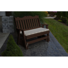 The A & L Furniture Recycled Plastic 4 ft. Royal English Outdoor Glider Loveseat provides you with a picturesque place to perch while gliding ever so smoothly back and forth. This lovely loveseat will add interest to your porch or garden with its decoratively scalloped top and traditional vertical back slats. Choose from an array of colors that will accent your space perfectly. 