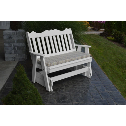 Get ready for the glide of your life. The A & L Furniture Recycled Plastic 5 ft. Royal English Outdoor Glider Loveseat provides you with a picturesque place to perch while gliding ever so smoothly back and forth. This lovely loveseat will add interest to your porch or garden with its decoratively scalloped top and traditional vertical back slats. 
