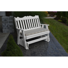 The A & L Furniture Recycled Plastic 4 ft. Royal English Outdoor Glider Loveseat provides you with a picturesque place to perch while gliding ever so smoothly back and forth. This lovely loveseat will add interest to your porch or garden with its decoratively scalloped top and traditional vertical back slats. Choose from an array of colors that will accent your space perfectly. 