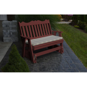 The A & L Furniture Recycled Plastic 4 ft. Royal English Outdoor Glider Loveseat provides you with a picturesque place to perch while gliding ever so smoothly back and forth. This lovely loveseat will add interest to your porch or garden with its decoratively scalloped top and traditional vertical back slats. Choose from an array of colors that will accent your space perfectly. 