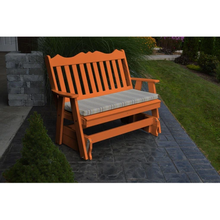 The A & L Furniture Recycled Plastic 4 ft. Royal English Outdoor Glider Loveseat provides you with a picturesque place to perch while gliding ever so smoothly back and forth. This lovely loveseat will add interest to your porch or garden with its decoratively scalloped top and traditional vertical back slats. Choose from an array of colors that will accent your space perfectly. 