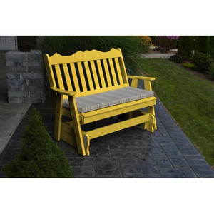 The A & L Furniture Recycled Plastic 4 ft. Royal English Outdoor Glider Loveseat provides you with a picturesque place to perch while gliding ever so smoothly back and forth. This lovely loveseat will add interest to your porch or garden with its decoratively scalloped top and traditional vertical back slats. Choose from an array of colors that will accent your space perfectly. 