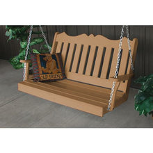 This Elegant Traditional Royal English 5' Porch Swing has details that make it an exceptional swing for your home. The unique top rail that is made with a scalloped design makes it perfect for your porch. This durable swing comes with stainless steel chains that will not rust and you can adjust them to whatever height you would like. 